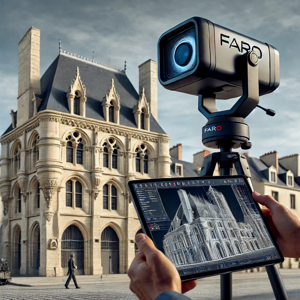 Un scanner 3D FARO en action, capturant un bâtiment historique à Caen pour un projet BIM.